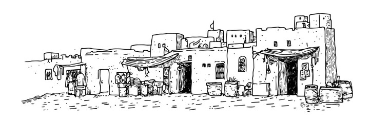 desert adobe houses sketch doodle vector illustration engraving vintage architecture © Kaz