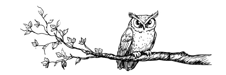 owl sitting on a branch doodle sketch vector illustration