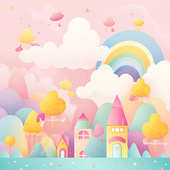 A dreamy, pastel-colored landscape with a rainbow and a castle.