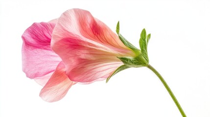 Delicate pink flower with translucent petals against a clean, white background