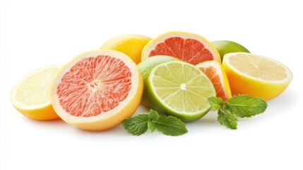 Citrus fruits grapefruits, lemons, limes, and mint leaves in a pile