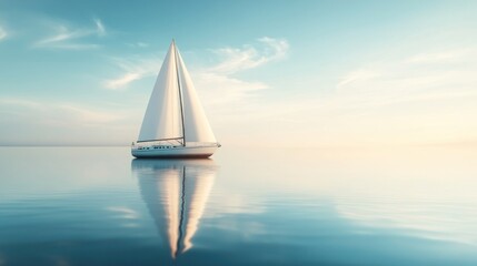 Sailboat floats serenely on calm ocean, mirrored on water under sky