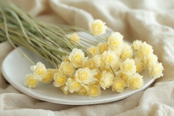 A minimalistic arrangement of dried immortelle flowers in soft yellow on a white plate, set against a neutral fabric background