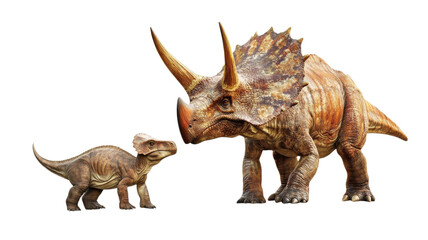 Two dinosaurs interact in a prehistoric setting showcasing their unique features and differing sizes