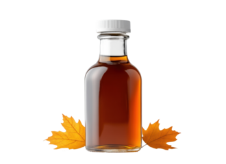 Maple syrup bottle surrounded by autumn leaves on white background