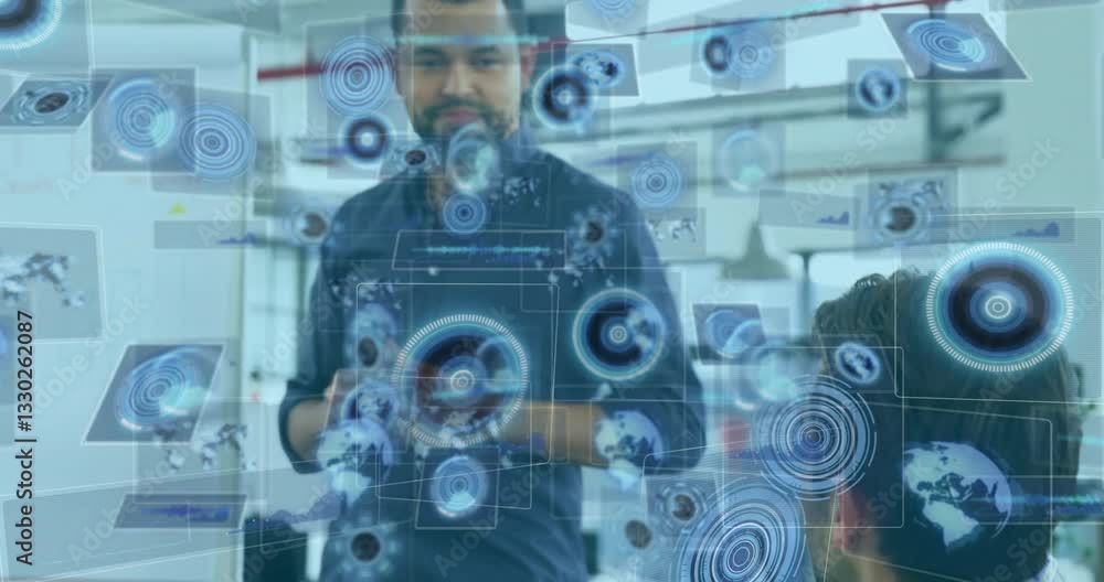 Poster interacting with futuristic digital animation, man exploring data and graphics in school