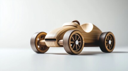 Wooden toy car. Simple craftsmanship, classic design, light wood, dark wheels