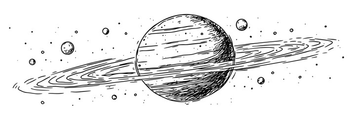 planet with rings and moons hand drawn doodle black vector sketch