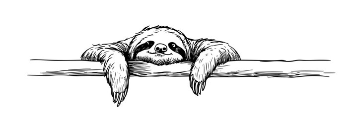 cute sloth hanging on branch hand drawn doodle black vector sketch