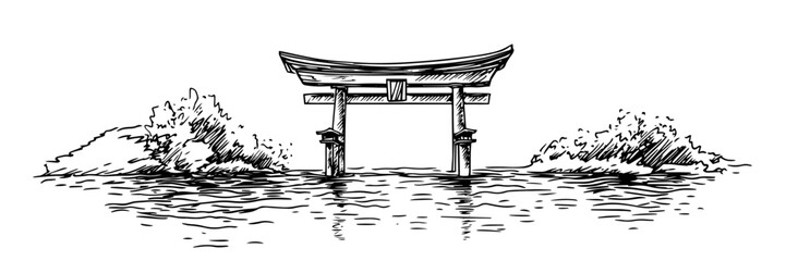 japanese torii gate on water hand drawn doodle black vector sketch