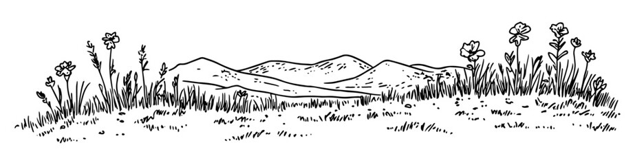 mountain landscape with flowers hand drawn doodle black vector sketch