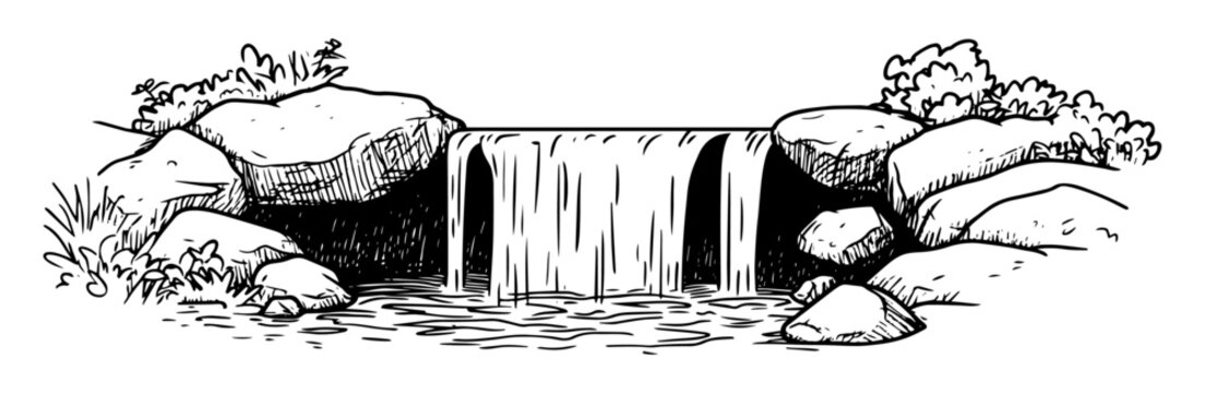 small waterfall with rocks hand drawn doodle black vector sketch