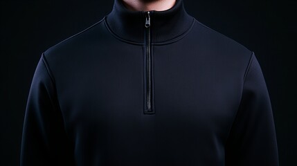 Black zip up sweatshirt is displayed against a dark background, highlighting its texture and design features including its collar and centered zipper.