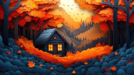 Fairy tale paper cut scene of a little wooden cottage in a deep autumn forest