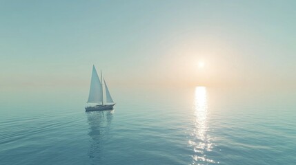 Fototapeta premium Sailboat glides on tranquil blue water, sun shining brightly on the horizon