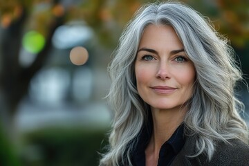 Naklejka premium Middle aged woman with gray hair smiles outdoors in soft natural light during autumn