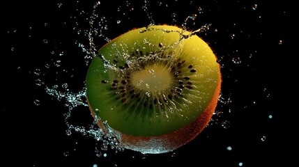 Kiwi Splash Sliced kiwi mid-splash against dark background. Water droplets capture motion, creating a fresh, vibrant image