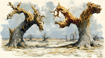 Fototapeta premium Twisted ancient trees in a desolate landscape