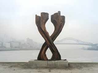 Fototapeta premium Twisted metal sculpture by the river
