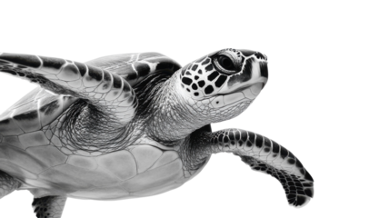 Majestic sea turtle gracefully swimming through clear waters with a serene expression and intricate shell patterns in close-up view