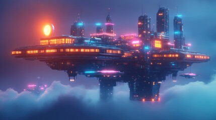Fototapeta premium Futuristic flying city with floating platforms, neon lights, and space ships