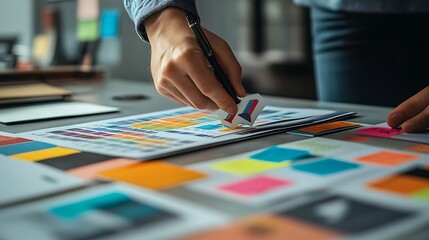 Person Planning on Calendar with Sticky Notes, A person planning on a calendar with colorful sticky notes and a pen