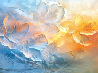 Futuristic frozen flowers, frozen glass texture, gradient sky background, sunrise, golden light, soft blue and orange colors, white and yellow flowers, beautiful intricate details, dreamy atmosphere.