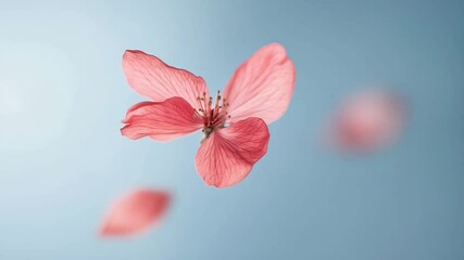 Pink Flower Petals Falling. Gentle Minimalist Motion on Blue. Natural Beauty. Copy Space.