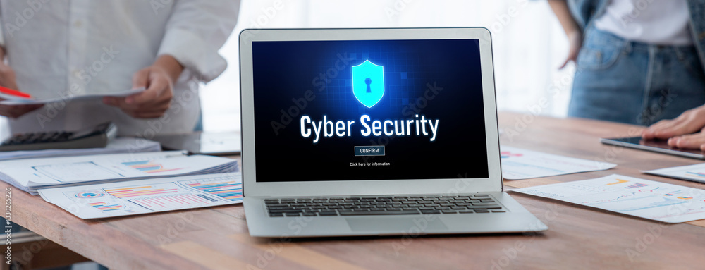 Poster Cyber security system on computer screen protect private information brisk from hacker and cyber attack