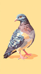 Obraz premium Colorful pigeon perching on bright yellow surface, displaying vivid plumage and intricate feather details