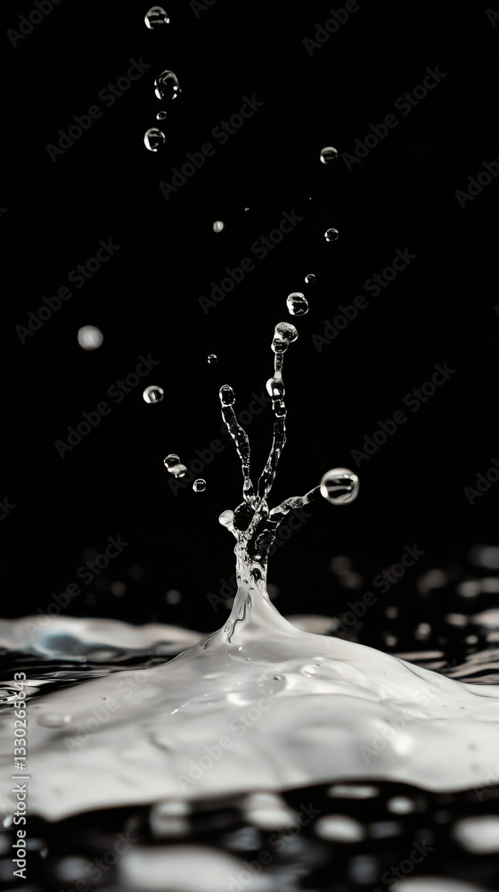 Fototapete Water droplets forming intricate tree-like pattern, splashing dynamically against dark backdrop