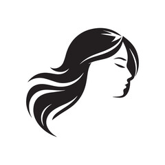 Silhouette of a beautiful woman with long black hair, featuring a glamorous hairstyle and delicate flower accents, designed in a stylish and elegant vector illustration
