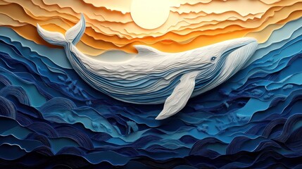 Giant whale swimming through the deep sea, layered paper cut composition