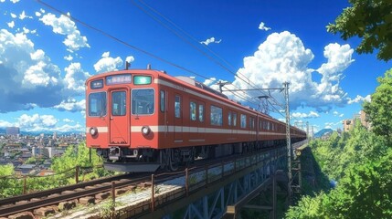 Naklejka premium A colorful train travels across a bridge over the cityscape