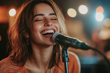 Young woman singing joyfully in a lively indoor setting during a daytime performance