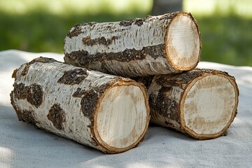 Three pieces of cut aspen bark stacked on a neutral background with soft natural lighting