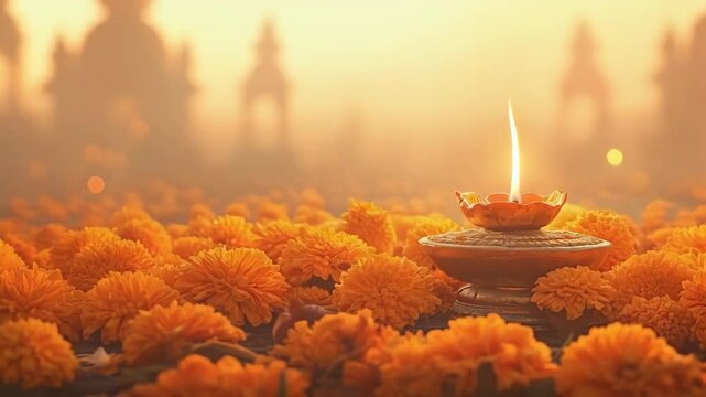 Marigold field with diya lamp flame. Warm golden Diwali festive light.