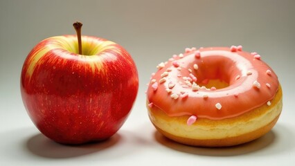Red apple and pink donut with sprinkles on white background. Contrast of healthy and unhealthy food, choice between fruit and sweet. Concept of diet, healthy lifestyle, cooking and eating habits.