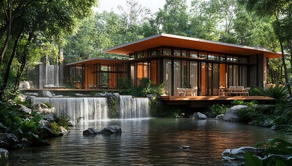 Fototapeta premium Modern house by tranquil waterfall.