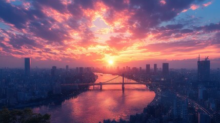 Fototapeta premium Layered cityscape with a majestic bridge stretching over a river at sunset