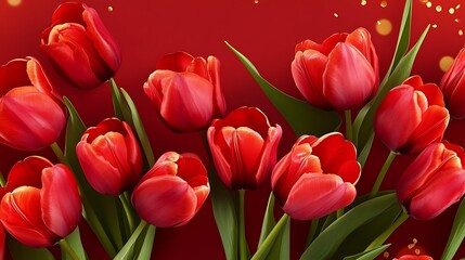 Fototapeta premium Vibrant Red Tulips on a Festive Red Background AI Generated