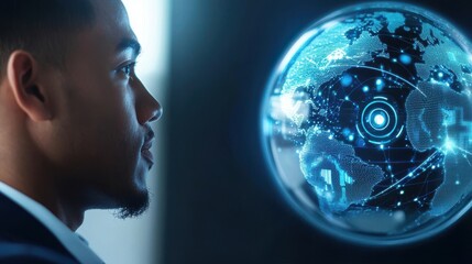 A focused man gazes at a futuristic holographic globe, symbolizing technology, data, and global connectivity.