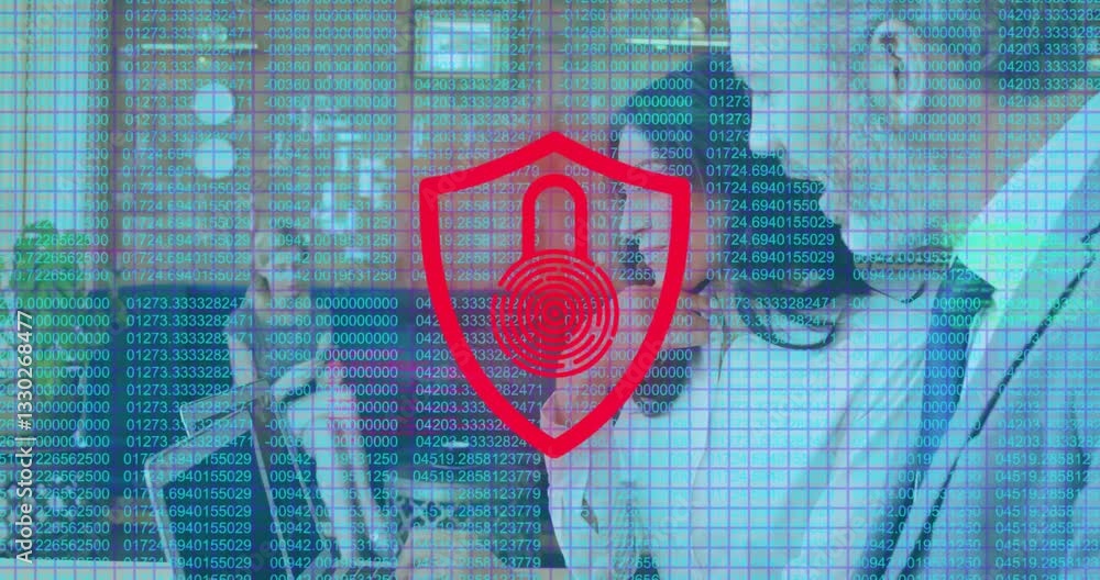 Poster digital security shield and fingerprint animation over people using technology in office