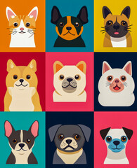Fototapeta premium Colorful collection of cartoon dog portraits in vibrant square arrangements 