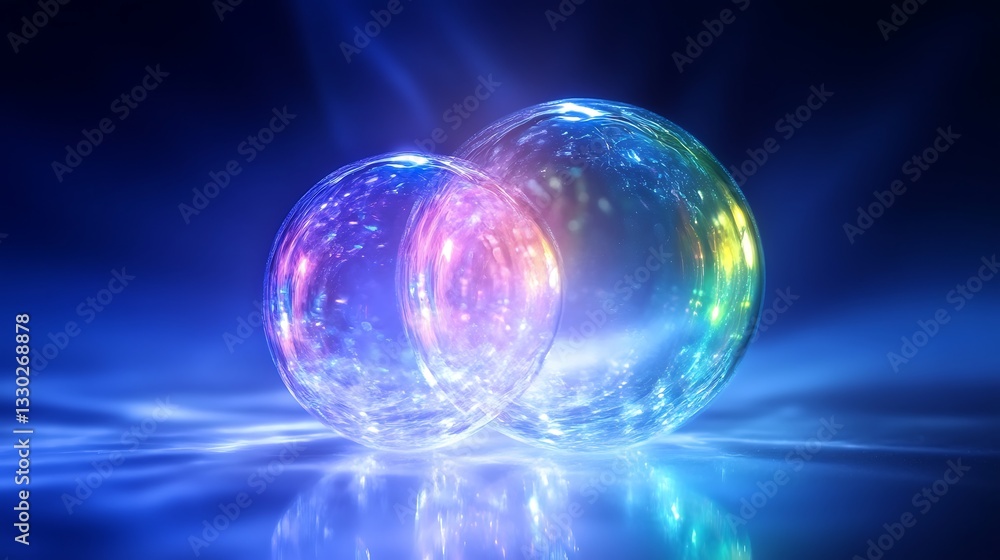 Poster two illuminated translucent spheres reflecting different colors on a surface
