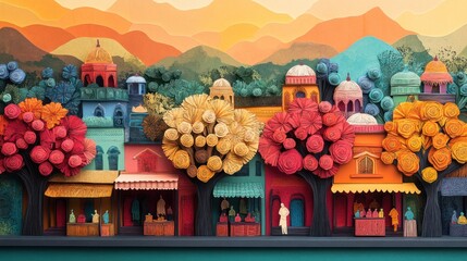 Layered paper cut scene of a vibrant Indian bazaar with colorful stalls