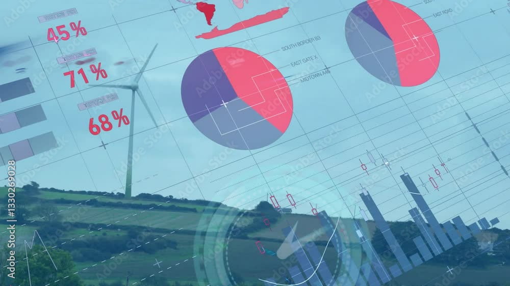 Aufkleber wind turbines on landscape with financial graphs and data overlay animation