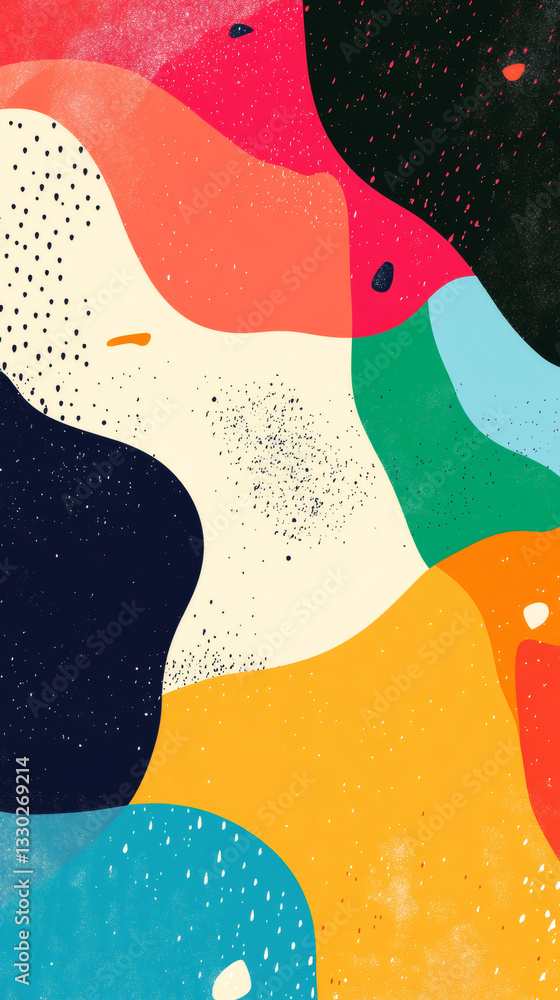 Poster Vibrant abstract design with fluid, dynamic shapes merging in textured patterns, representing contemporary artistic expression through bold color interactions