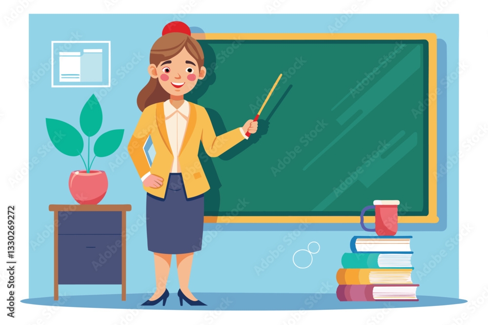 Poster a teacher uses a pointer to highlight information on the blackboard while addressing students, the t