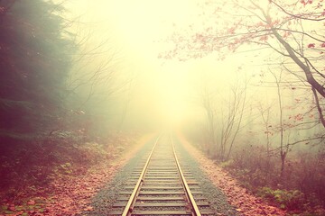 Fototapeta premium Misty Railroad Through Autumn Woods